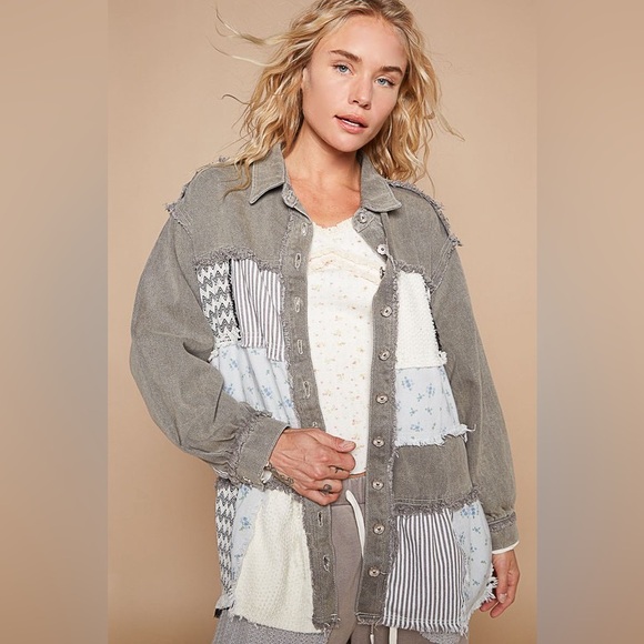 POL Raw Hem Patchwork Dropped Shoulder Jacket 10010057035 - Picture 1 of 3
